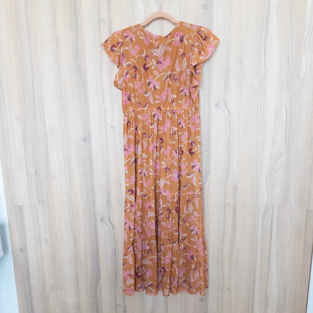 Le Serein Floral Midi Dress S Orange Floral Flutter Sleeve Tiered Romantic Boho